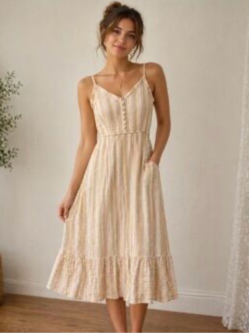 Sleeveless Cream Stripe Midi Dress
